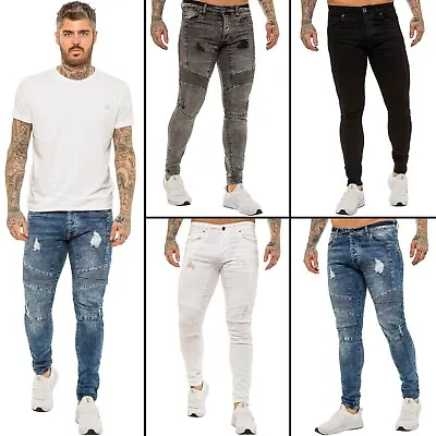 Enzo Jeans Mens Slim Fit Biker Stretch Denim Trouser Ripped Skinny Pants UK Size • £22.99