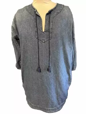 MADEWELL Chambray Artiste Denim Dress MEDIUM Pockets 3/4 Sleeve T Ties W/Tassels • $15.99