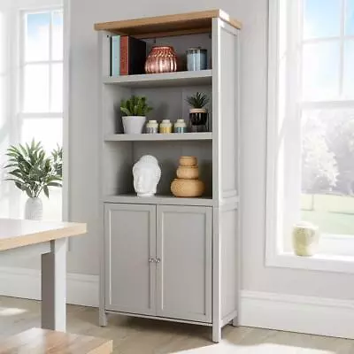 Grey Oak Tall Display Bookcase 3 Shelf 2 Door Storage Cupboard Metal Handles • £111.99