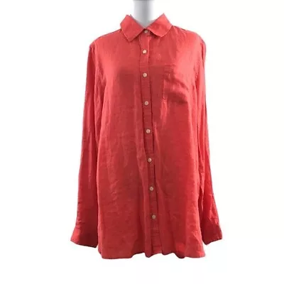 Moda International Red Orange Button Front Shirt Womens Large Roll Tab Sleeve • $15.35