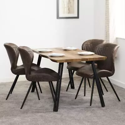 Quebec Wave Edge Dining Table Set Oak Effect Inc 4 Brown Faux Leather Chairs • £429.99