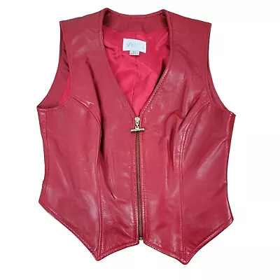 Vakko Red Leather Vest Womens Size Medium Gold Zip Moto Corset Vintage Shape • $49.99