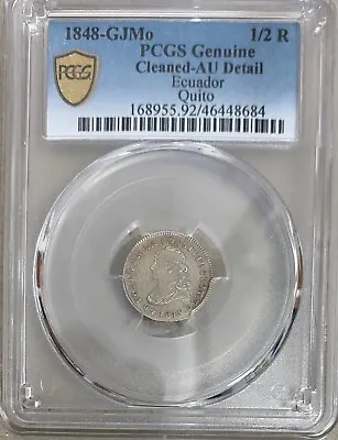 1848 ECUADOR  1/2  REAL  1848 G J Mo  QUITO  KM # 35 PCGS AU DETAIL. • $449.50