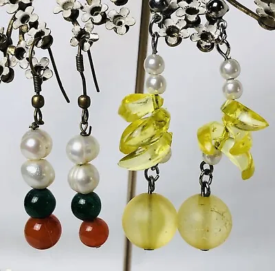 Vtg Genuine Pearl Dangling Earrings 1.75” Carnelian Jade Beads FREE Earrings • $18