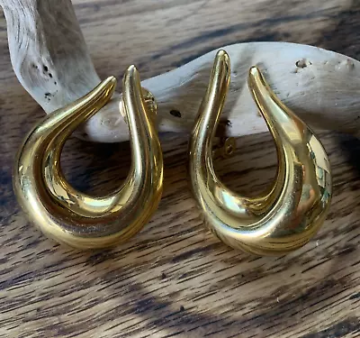 Big Vintage Monet Gold Tone Clip On Earrings Abstract Shiny Organic Geometry • $15.99