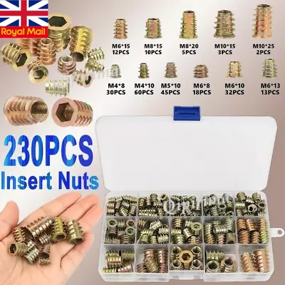  230pcs M4/M5/M6M8/M10 THREADED HEX DRIVE INSERT FIXING WOOD SCREW INSERTS NUTS • £5.89