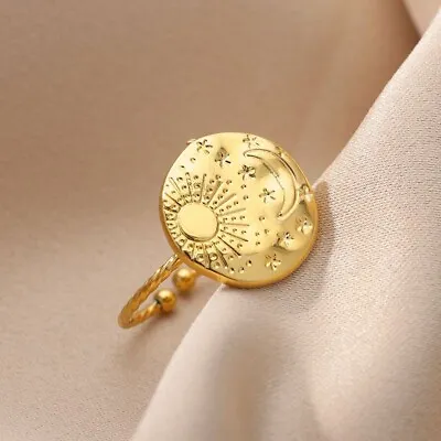 14k Yellow Gold Plated Antique Sun Moon Star Jewelry  Adjustable Solid Men Ring • $12.87