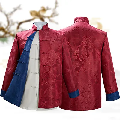 Reversible Traditional Chinese Clothes Men Tang Suit Top Silk Print Jacket Coat • £30.31