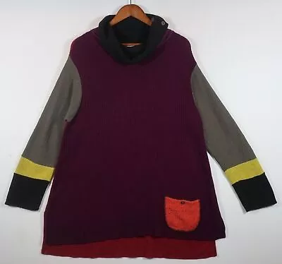 Margaret Winters Turtleneck Sweater Waffle Knit Colorblock Maroon Gray Pockets L • $34.99