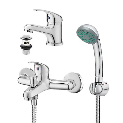 Cloakroom Shower Mixer Taps Wall Mounted & Basin Taps & Waste Bathroom Tap Set • £22.99