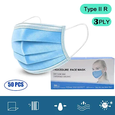 Pack Of 50 Face Mask Type 2R IIR Masks Cover Guard Medical Masks 3Ply UK • £11.99