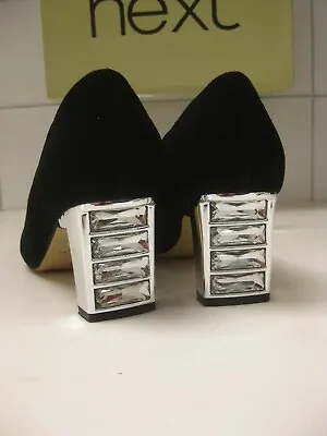 NEXT COURT SHOES Silver Heels Black Suede  Pumps Ladies 5 38 Jewels Rrp£52  • £39.99