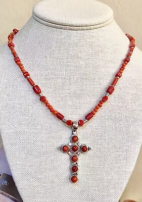 Antique/Vintage Sterling Silver Ornate Mediterranean Coral Cross Necklace • $138