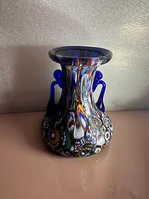 Vintage Murano Millefiori Cobalt Twin Handled Vase 4.75  Tall Glass Hand Blown • $60.50