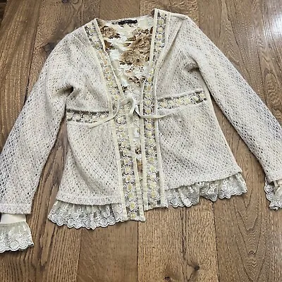 Anthropologie Azel Hazel Sweater Cardigan Women's M Y2K  Lace Velvent Beaded • $22.99