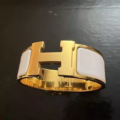 Hermes Wide Enamel Clic Clac H Bracelet White/Gold Sz PM No Box • $400