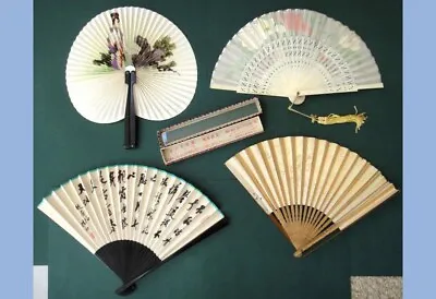 LOT Vintage 4 FANS PAPER WOOD SILK SANDALWOOD + Box ORIENTAL HANDPAINTED  • $32.50