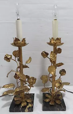 Vintage Gold Gilt Rose Marble Hollywood Regency Table Lamp Pair Boudoir Italian • $249.99