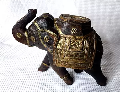 Vintage Wooden Elephant Hand Carved With Copper & Brass Accents Made In India • $22