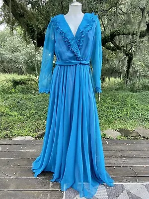 Vintage 1970s UNION MADE Chiffon Long Sleeve Dress Gown Sz M (6-8) Teal Blue • $38