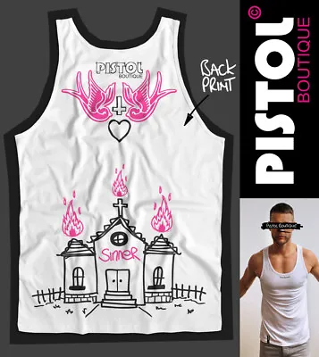 Pistol Boutique Men's White SINNER CHURCH SWALLOWS Back Print Vest Singlet Tank • £25.19