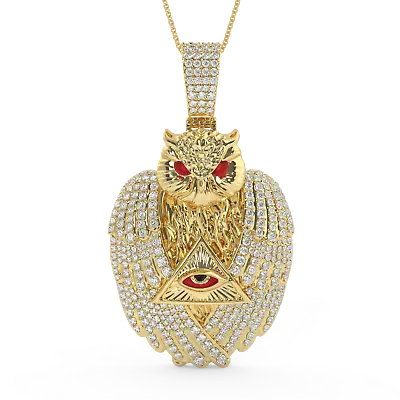 Real Moissanite Diamond Freemasonry Eye Masonic Owl 14K Gold Over Pendant Charm  • $299.99