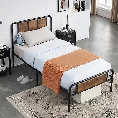 Vecelo Twin Size Bed Frame Metal Platform With Wooden Headboard Footboard Heavy • $105.41