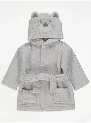 Babies Bear Dressing Gown Baby Boys Girls Grey 3D Ears Towelling Robe Wrap Gift • £9.95