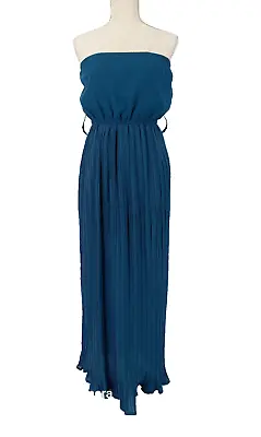 Ya Los Angeles Strapless Silk Blend Pleated Blue Maxi Dress Women's Size Medium • $24.99