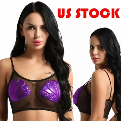 US Women Spaghetti Straps Bra Tops Sheer Mesh Mermaid Sea Shell Crop Tops Sexy • $7.89