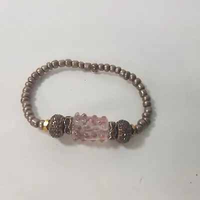 Vtg Beaded Stretch Bracelet Glass Seed Bead Pink Copper/Brass Tone Rhinestone • $14.99