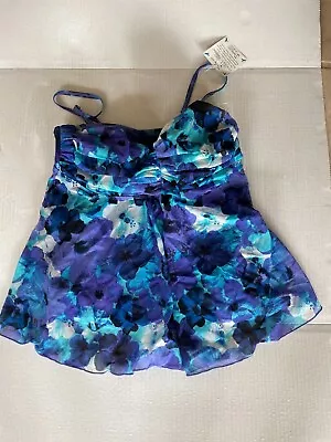 A Shore Fit Swimsuit Top Mesh Floral Print Padded Blues Size 10 Nwt (box 73) • $14.95