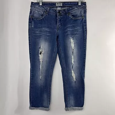 Mudd Capri Jeans Size 11 Skinny Med Wash Distressed Denim Cuffed Womens Low Rise • $11.50