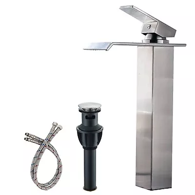 Bathroom Vessel Sink Faucet Brushed Nickel Tall Waterfall Spout Mixer Tap Drain • $59