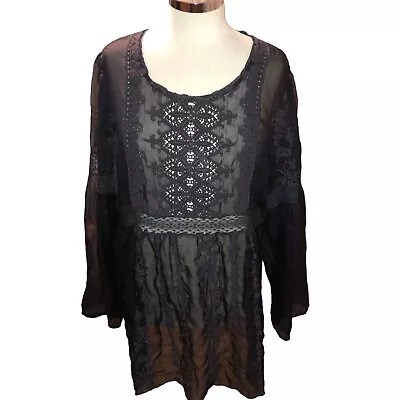 4 Love And Liberty By Jonny Was Black 100% Silk Sheer Embroidered Tunic Large • $59.50