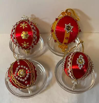 VTG Red Satin Christmas Ornaments Lot (4) Sequins Rick Rack Pearls Gold Trim • $19.99