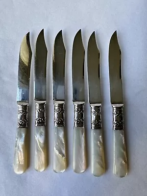 6 Vintage American Cutlery Knives Sterling Band Mother Of Pearl Handle 6 1/8  • $59.95