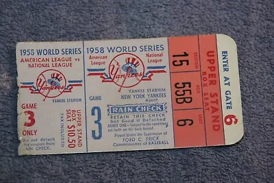 1958 World Series Ticket Stub-game 3-yankees Vs Milwaukee Braves • $89