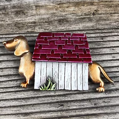 Vintage JJ Jonette Jewelry Dachshund Weiner Dog House Enamel Brooch Pin • £19.27