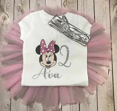 First Birthday Minnie Mouse Outfit Silver And Pink Tutu Silver Headband Micke • $17