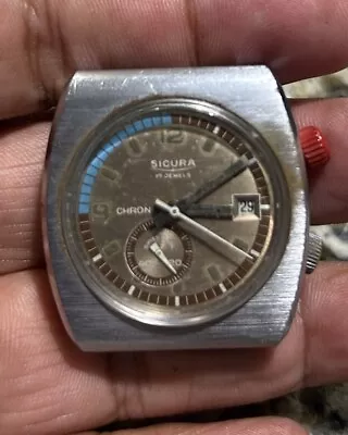 VINTAGE SICURA CHRONO 17 JEWELS AUTOMATIC MENS WATCH 39mm X36mm • $80