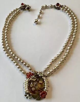 Vintage Miriam Haskell Signed Topaz And Pearl Bead And Pendant Necklace • $259