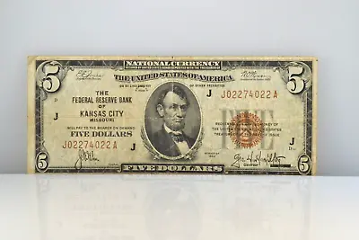 1929 $5 KANSAS CITY Missouri Federal Reserve Bank Note Brown National Currency • $99.95