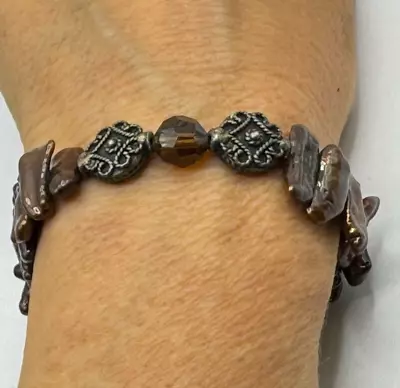 Vintage Maya Signed Faux Chips Chunky Statement Brown Bracelet Hook Closure • $24.99