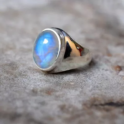 Solid 925 Sterling Silver Natural Blue Fire Rainbow Moonstone Gemstone Mens Ring • $47.96