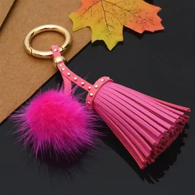 Vintage Leather Tassel Keychain Fur Ball Pompom Key Holder Jewelry Making Access • $16.32