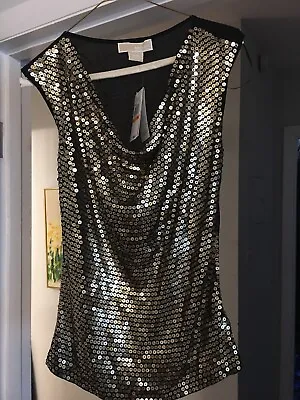 NWT Michael Kors Blouse Black Gold Sequin Top Draping Neckline Shirt S $89.50 • $32.88