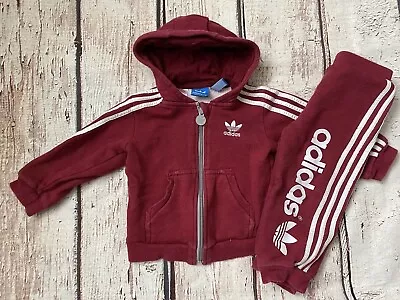 Adidas Baby Boy Burgundy Hoody Jogger Tracksuit Age 18-24 Months • £4.90