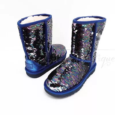 NIB UGG 1094982 Women’s Classic Short Sequins Sparkle Blue Winter Boots Size 5 • $129.95