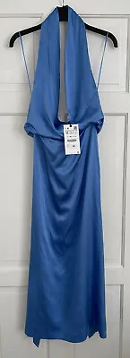 £39.99 • Buy Zara Sky Blue Satin Silky Halterneck Open Back Midi Dress Size M Bnwt